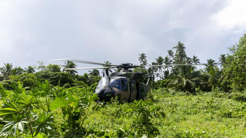 A Navy MRH-90 Taipan helicopter lands on Fotuha’a Island during Operation Tonga Assist 2022. Photo: Able Seaman Susan Mossop