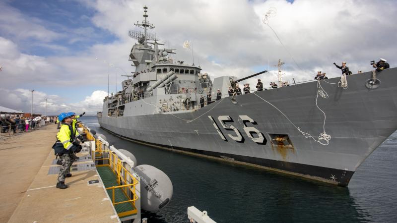 HMAS Toowoomba returns to Fleet Base West in Western Australia after a deployment in 2020. Photo: Leading Seaman Ronnie Baltoft