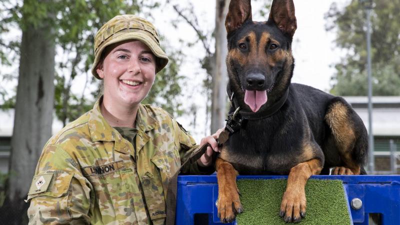  Private Hailey Lennon and Max at RAAF Security and Fire School, RAAF Base Amberley, Queensland. Photos: Leading Aircraftwoman Emma Schwenke