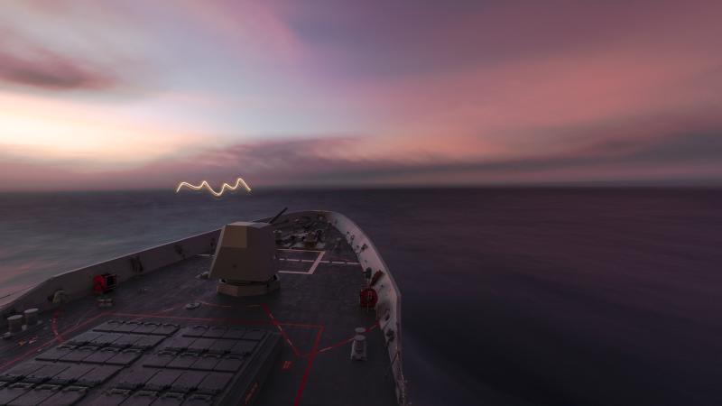 HMAS Brisbane sails towards United States Navy dry cargo ship USNS Carl Brashear to conduct a replenishment at sea in the North Pacific Ocean during a Regional Presence Deployment.