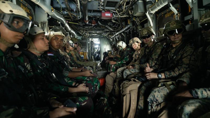 Forces from Australia, the US and Indonesia conduct airfield reconnaissance and assessments in an MV-22 Osprey during Exercise Crocodile Response in Nhulunbuy. Photo: Cpl Cameron Hermanet