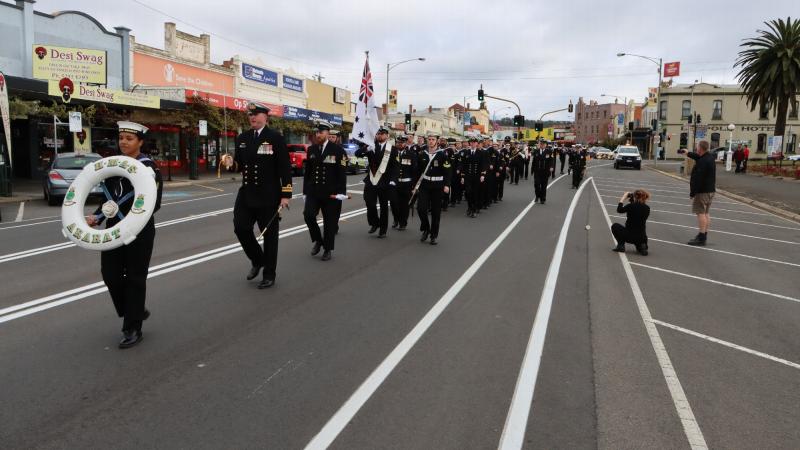 Personnel from HMAS Ararat march through Ararat in Victoria. Photo: Ararat Advocate