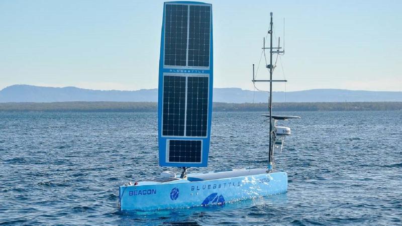 The Bluebottle uncrewed surface vehicle from Ocius Technology Ltd operates in the waters of Jervis Bay during Exercise Autonomous Warrior 22. Photo: Nicole Mankowski