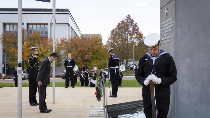 Japanese Ambassador to Australia, Yamagami Shingo, lays a wreath during the Battle of Coral Sea 80th anniversary commemorative service at Russell Offices in Canberra. Photo: Nicole Mankowski