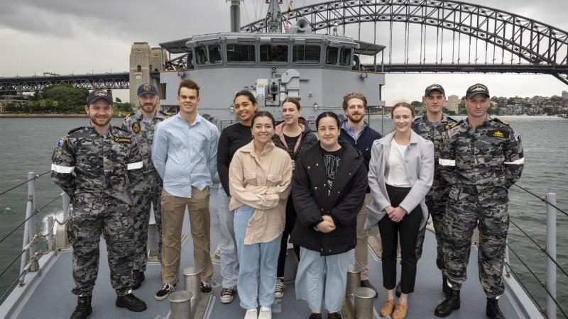 Defence Force Recruiting candidates with Navy personnel on board HMAS Gascoyne during a cruise around Sydney Harbour as part of the Sea Power 2022 conference program. 