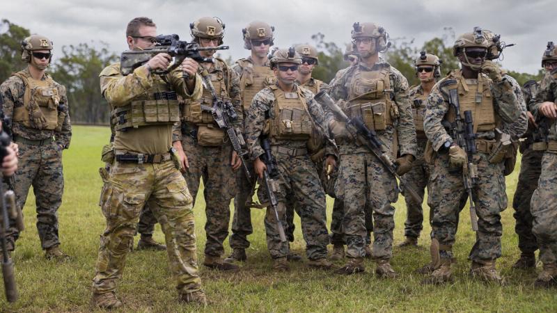 Australian Army Corporal Sam Jamieson, from the 6th Battalion, Royal Australian Regiment, trains with the United States Marine Corps personnel during Exercise Southern Jackaroo 2022. Photo: Corporal Dustin Anderson