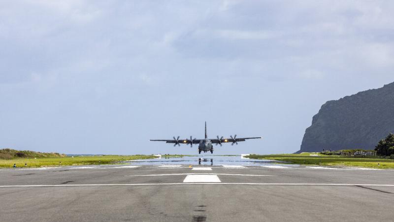 A C-130J Hercules comes in to land at Lord Howe Island on May 10 during aircrew training circuits at the island’s airfield. Photo: Corporal Dan Pinhorn