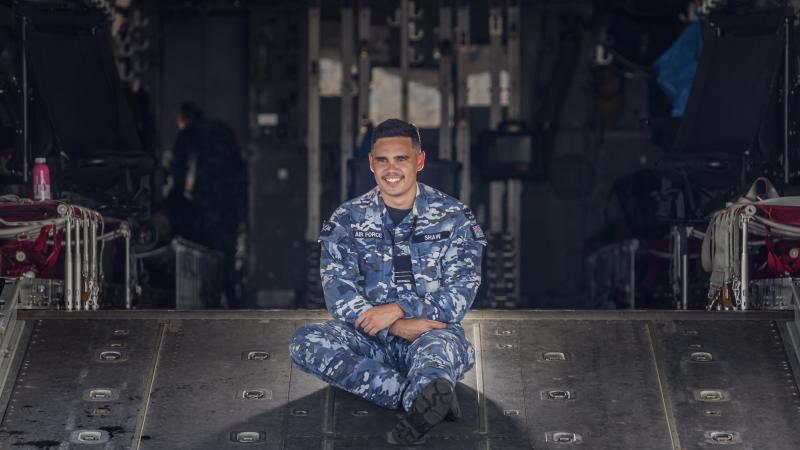 Flight Lieutenant Tjapukai Shaw on the cargo ramp of a C-130J Hercules aircraft. Photo: Sergeant Christopher Dickson