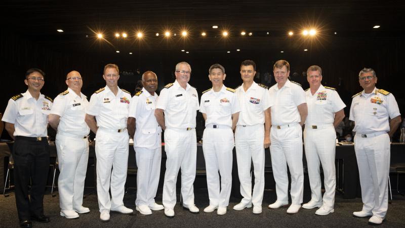 Military personnel from Singapore, Canada, Australia, Papua New Guinea, New Zealand, Japan, France, the United Kingdom and the United States of America at Session 2 of the Sea Power conference in Sydney. Photo: Leading Seaman Daniel Goodman