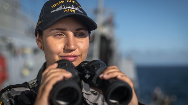 Seaman Skye Kinchin on watch aboard HMAS Supply. Photo: Able Seaman Jarryd Capper