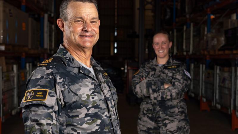 Petty Officer Ross Currie and Seaman Caitlin Palmer wear the new maritime multi-cam pattern uniform at HMAS Coonawarra. Photo: Leading Seaman Shane Cameron