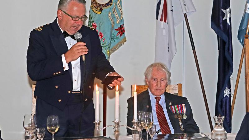 Squadron Leader Michael Veitch and President of the No. 30 Squadron RAAF Beaufighter Association Bruce Robertson at the No. 30 Squadron anniversary dinner. Photo: Petty Officer Rick Prideaux