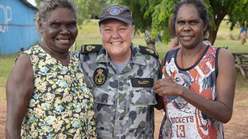 Chief Petty Officer Tina Elliot with Annette Gayula and Rosilyn Marawili during the Diversity Reference Group's visit to the community of Bäniyala, located on Blue Mud Bay in East Arnhem, Northern Territory. Photo: Petty Officer Bradley Darvill