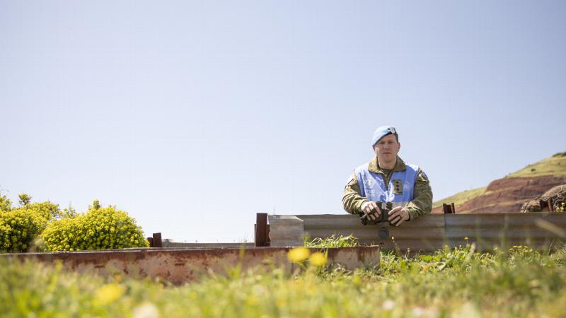 Australian Army officer, Captain Jeremy Fetter at the site of the battle of Valley of Tears in the Golan Heights. Photo: Petty Officer Lee-Anne Cooper