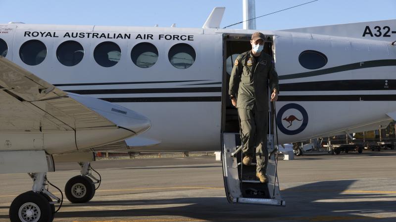 Royal Austrailan Air Force pilot Flight Lieutenant Riley Forde arrives in Honiara, Solomon Islands on a KA350 King Air, on 7 May 2022, for Operation SOLANIA: Photo: Corporal  Julia Whitwell