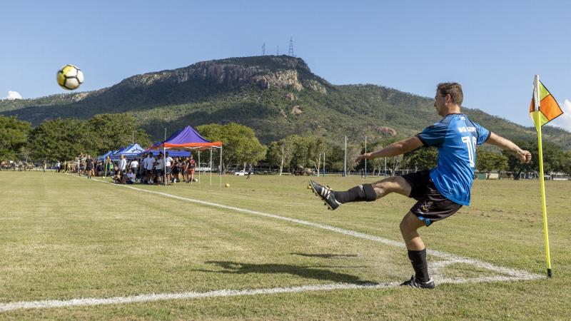 Australian Army soldier Trooper Harrison Hinson from the 3rd Brigade soccer team during a soccer match between the 3rd Brigade and USS Ashland. Photo: Corporal Brodie Cross