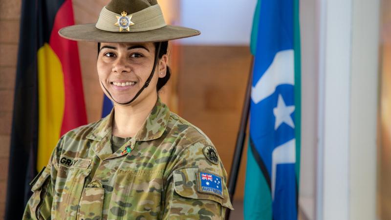 Lance Corporal Jamaya Gray outside the 17th Sustainment Brigade, Randwick Barracks, Sydney.