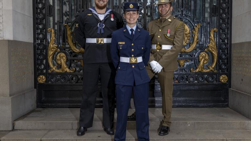 (l-r) Able Seaman Zachary Duke, Leading Aircraftwoman Caylee Wallis and Private Wayne Fourmile from Australia’s Federation Guard at the Australian High Commission in London during preparation for The Queen’s Platinum Jubilee. 