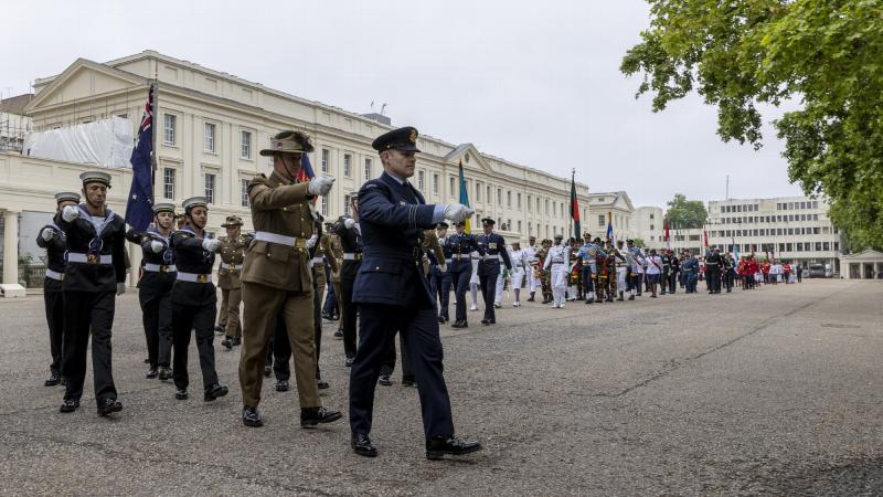 Officer in Command of Australia’s Federation Guard Squadron Leader Mitchell Brown leads the Australian contingent as part of The Queen's Platinum Jubilee Pageant, Sunday June 5, 2022 in London. Photo: Leading Seaman Nadav Harel