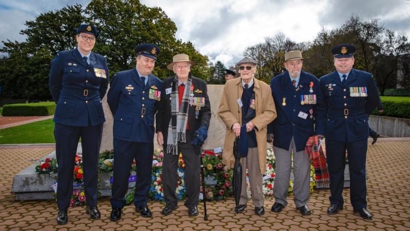 Commanding Officers of No. 460, 462 and 464 Squadrons, alongside World War Two veterans at the Bomber Command Commemorative Day Wreath Laying Ceremony held at the Australian War Memorial, Canberra.
