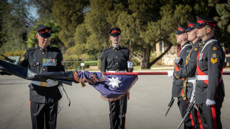 The Queen's Colour is uncased for the Trooping of the Queen's Colour at the Royal Military College - Duntroon, Canberra. Photo: Corporal Madhur Chitnis