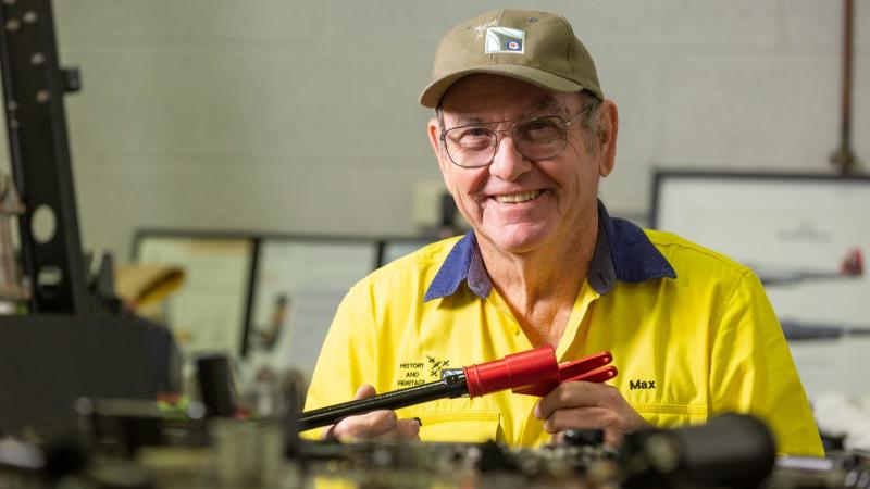 Mr Max Johnson with some of the many components from the Martin Baker Mk1E seat for Meteor A77-851 (aka ‘Halestorm’). Photo: Leading Aircraftman Stewart Gould