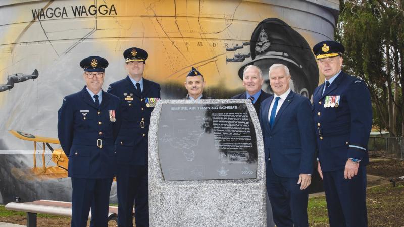 Wing Commander Tony Wennerbom, left, Group Captain Jeffrey Howard, Air Commodore Robert Lawson, Wagga RSL sub-Branch president David Gardiner, Riverina MP Michael McCormack and Air Commodore Andrew Elfverson. Photo: Leading Aircraftman Adam Abela