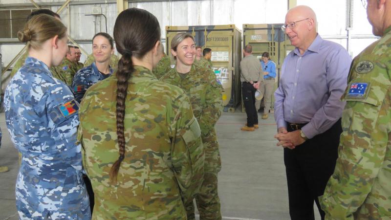 Governor-General General (retd) David Hurley speaks with deployed Australian personnel in the newly named Hurley’s Hangar at Camp Baird in the Middle East. Photo: Flight Lieutenant Madeline Edwards