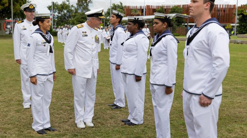 Deputy Chief of Navy Rear Admiral Christopher Smith inspects the Navy Indigenous Development Program graduates during their graduation parade at Munro Martin Parkland, Cairns. Photo: Able Seaman Susan Mossop