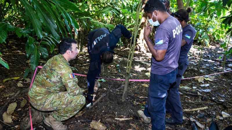 Royal Australian Air Force technician Corporal Daniel Dunn runs a practical exercise during an explosive ordnance detonation course with Royal Solomon Island Police Force members in Honiara, Solomon Islands. Photo: Corporal Julia Whitwell