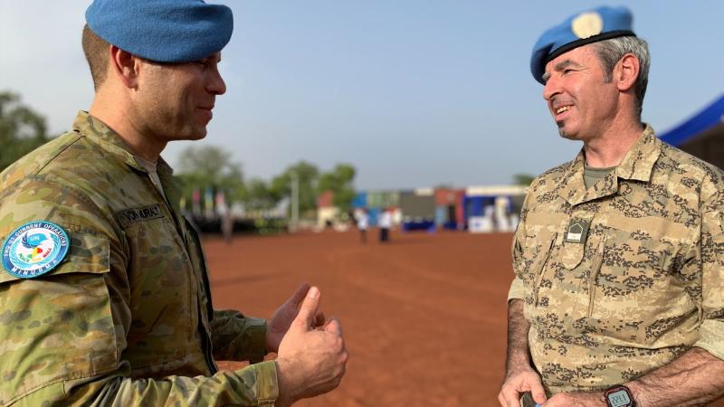 Australian Army officer Major Nathanael von Muralt (left) who is serving with the UN Multidimensional Integrated Stabilisation Mission in Mali (MINUSMA). Peacekeepers from 61 countries are represented in MINUSMA. Photo: AB Susan Mossup.