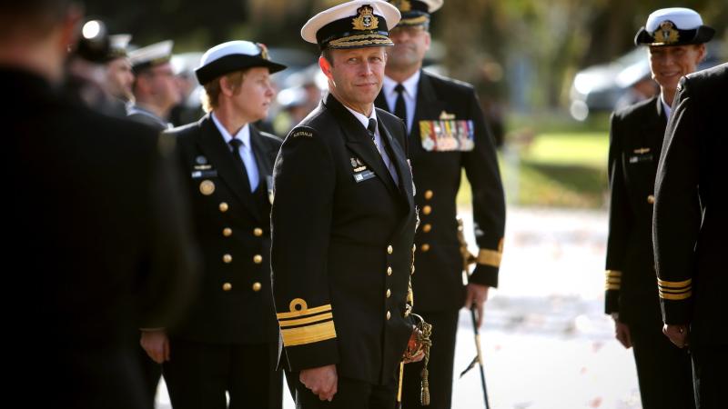 Chief of Navy Vice Admiral Michael Noonan inspects the guard during the commissioning ceremony for HMAS Encounter at Torrens Parade Ground, Adelaide, South Australia. Photo: Able Seaman Susan Mossop