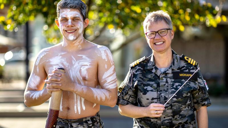 Navy's Inaugural Indigenous Cultural Performer, Able Seaman Aviation Support Lynton Robbins and the Director of Music-Navy, Commander Cassandra Mohapp at Garden Island Defence Precinct, Sydney. Photo: ABIS Susan Mossop