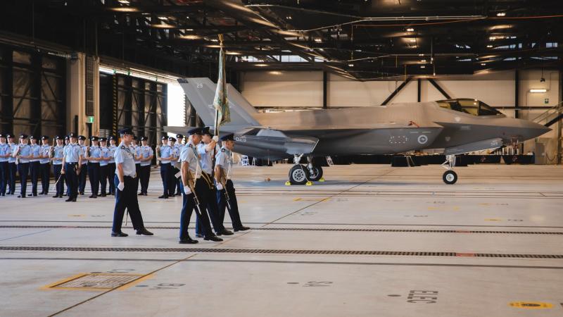 No. 75 Squadrons Colour Party prepare to receive the new Squadron's Standard at RAAF Base Tindal, Northern Territory. Photo: Leading Aircraftman Adam Abela