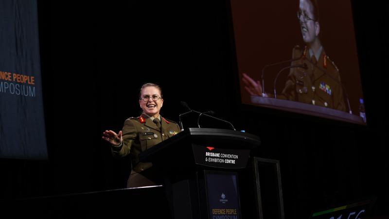 Deputy Chief of Army Major General Natasha Fox addresses the Defence People Symposium at the Brisbane Convention and Exhibition Centre. Photo: Warrant Officer Class Two Max Bree