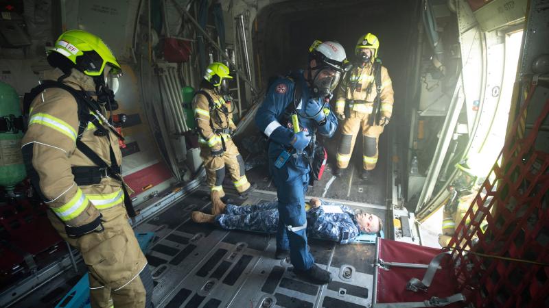 Air Force firefighters during the airfield emergency plan rehearsal at RAAF Base Richmond. Photo: Sergeant Greg O'Neill
