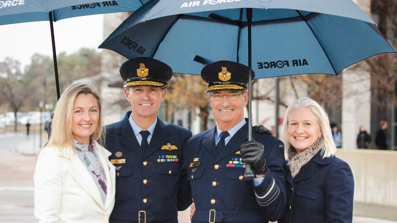 Outgoing Chief of Air Force, Air Marshal Mel Hupfeld, and wife Mrs Louise Hupfeld, right, with Air Marshal Robert Chipman, and wife Mrs Alyce Chipman at the Change of Command ceremony. Photo: Leading Aircraftman Adam Abela