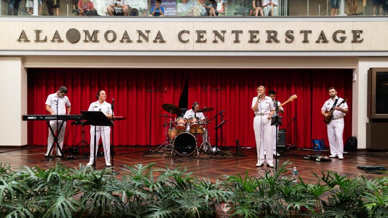 The Royal Australian Navy Band perform a rock concert at the Ala Moana Center in Honolulu, Hawaii during Rim of the Pacific (RIMPAC) 2022. Photo: Leading Seaman Daniel Goodman