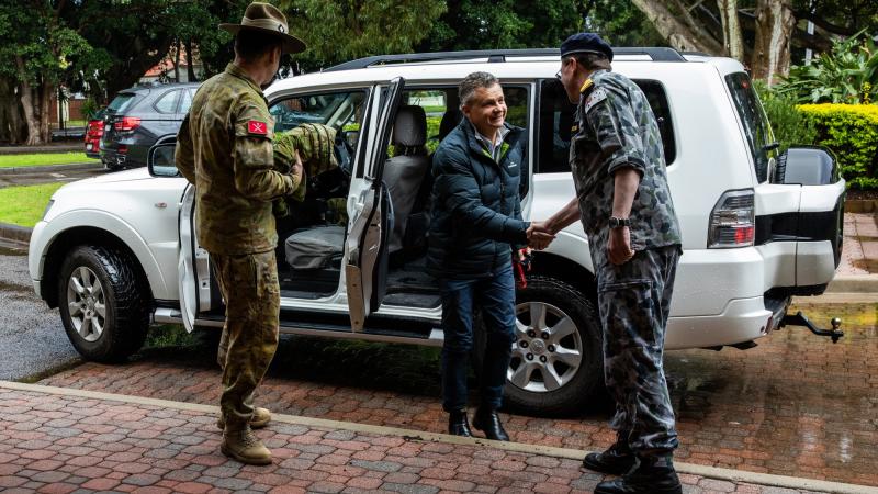 Captain Simon Raey-Atkinson and Brigadier Michael Garraway welcome Assistant Minister for Defence Matt Thistlethwaite to Headquarters 2nd Division, Randwick Barracks. Captain Annie Richardson