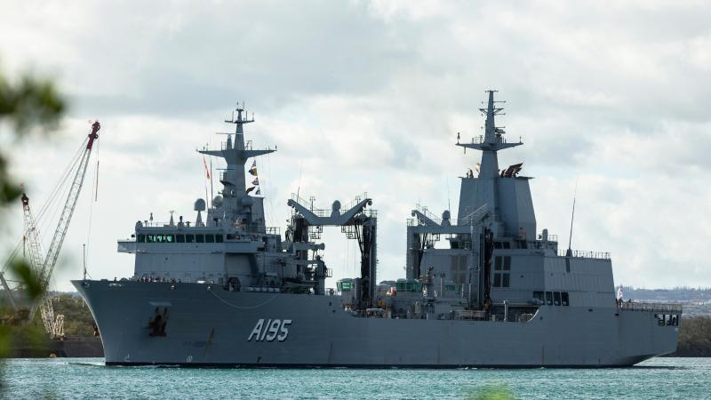 HMAS Supply departs Pearl Harbour to begin the at-sea phase of Exercise Rim of the Pacific (RIMPAC) 2022. Photo: Leading Seaman Daniel Goodman