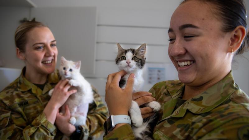 Corporal Jess Dwan and Private Rebecca Rice cuddle rescue kittens Snowy and Dotty at the Sydney Cats and Dogs Home in Strathfield. Photo: Captain Annie Richardson