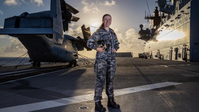 Leading Seaman Alyssa Clark on the flight deck of HMAS Canberra as the ship conducts Exercise Rim of the Pacific (RIMPAC) 2022. Photo: Petty Officer Christopher Szumlanski