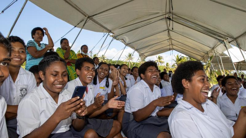 Teachers and students of Lekutu Secondary School during the official handover ceremony to celebrate the completion of the reconstruction project in Vanua Levu, Fiji on July 21. Photo: Corporal Lisa Sherman 