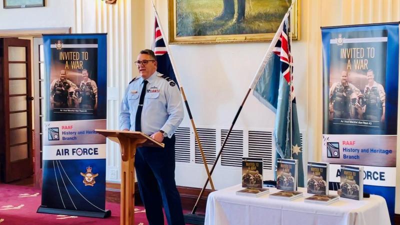 Deputy Chief of Air Force Air Vice Marshal Stephen Meredith delivers the keynote address at the book launch of Invited to a War at RAAF Base Laverton. Photo: Squadron Leader Anna Williams