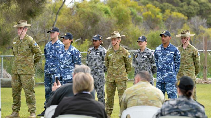 Graduates of the Indigenous Pre-Recruit Program fall in for the Graduation Ceremony held at HMAS Stirling in Western Australia. 