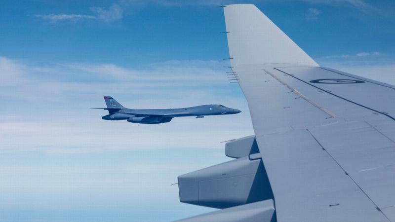 A United States Air Force B-1B Lancer bomber aircraft prepares to refuel from a KC-30A Multi-Role Tanker Transport aircraft over the Northern Territory. Photo: Leading Aircraftman Samuel Miller