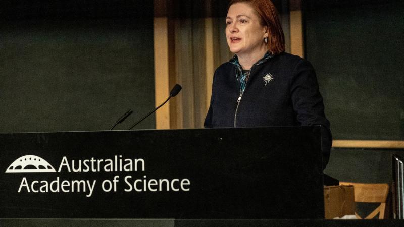 Chief Defence Scientist Professor Tanya Monro addresses delegates during the 2022 Emerging and Disruptive Technology Assessment Symposium at the Australian Academy of Science in Canberra. Photo: Nicole Mankowski