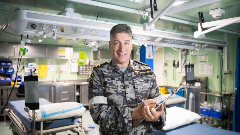 Lieutenant Commander Wesley Truscott in the sick bay on board HMAS Canberra. Photo: Leading Seaman Matthew Lyall