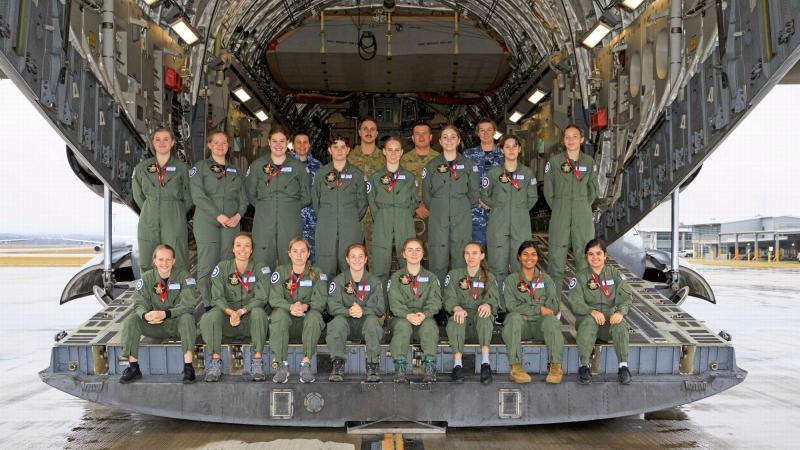 Participants in the 2022 Air Force Women in Aviation Program and their guides on the ramp of a C-17A Globemaster at RAAF Base Amberley. Photo: Corporal Brett Sherriff
