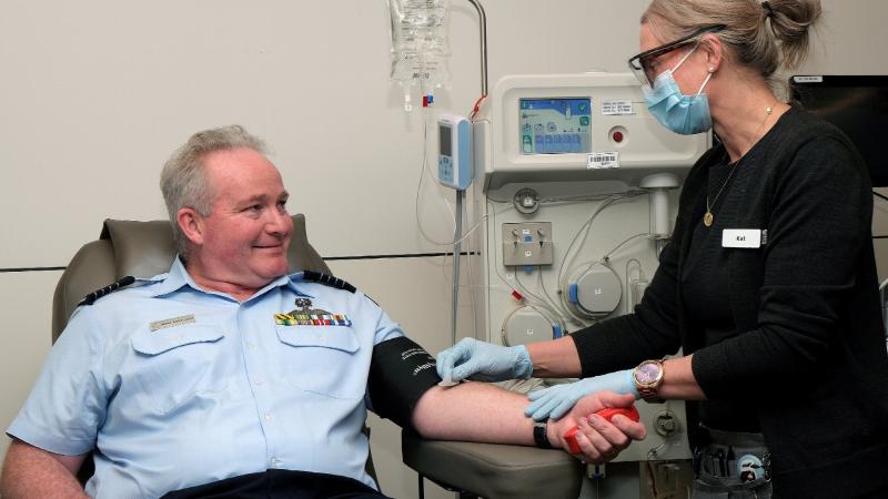Group Captain Mike Burgess-Orton believes the Defence Blood Challenge will benefit many people like his wife Abigail who receive regular blood products to combat life threatening illness. Photo: Flight Sergeant Kev Berriman